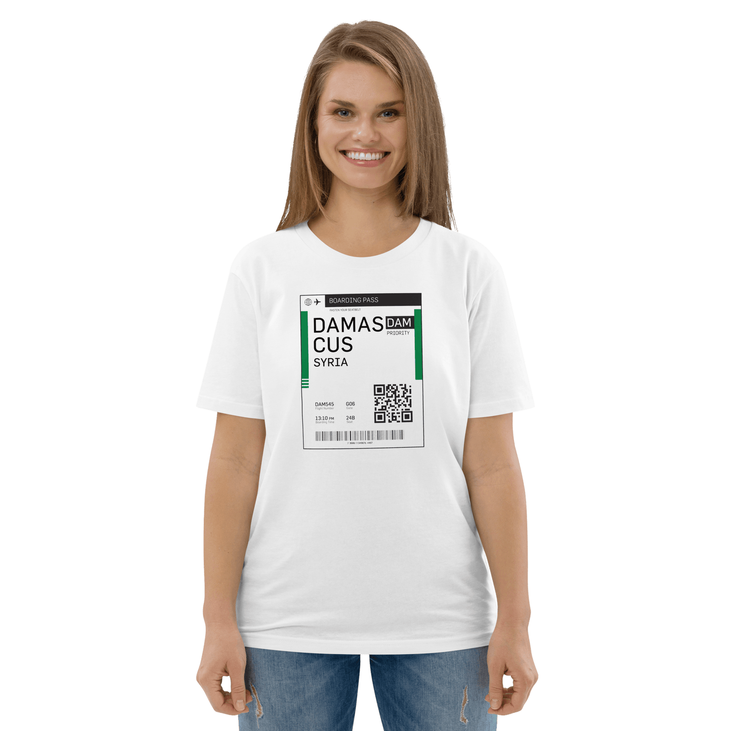 T-shirt pour femmes, carte d'embarquement syrienne, damas